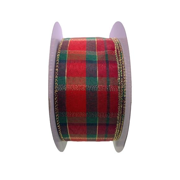 9 Feet 2.5” Red Green Gold Plaid Christmas Wired Ribbon for bows wreaths crafts - Picture 1 of 3